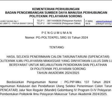 PENGUMUMAN SIPENCATAR 2024 PIP MAKASSAR YANG LULUS KE POLTEKPEL SORONG