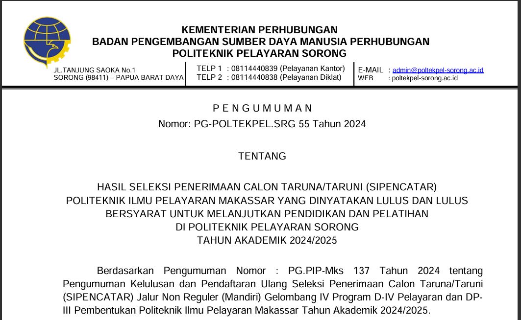 PENGUMUMAN SIPENCATAR 2024 PIP MAKASSAR YANG LULUS KE POLTEKPEL SORONG