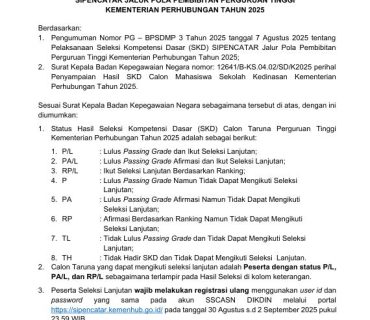 PENGUMUMAN HASIL SELEKSI KOMPETENSI DASAR (SKD) SIPENCATAR JALUR POLA PEMBIBITAN PERGURUAN TINGGI KEMENTERIAN PERHUBUNGAN TAHUN 2025