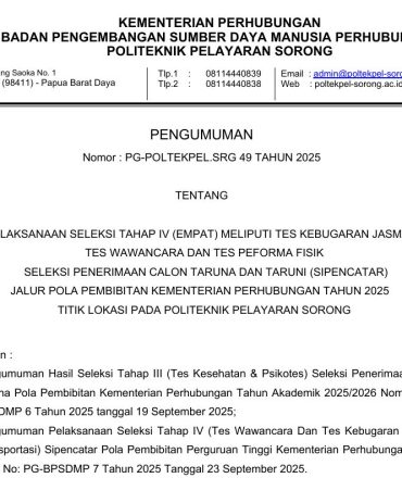PENGUMUMAN PELAKSANAAN SELEKSI TAHAP IV (EMPAT) MELIPUTI TES KEBUGARAN JASMANI, TES WAWANCARA DAN TES PERFORMA FISIK SIPENCATAR POLBIT