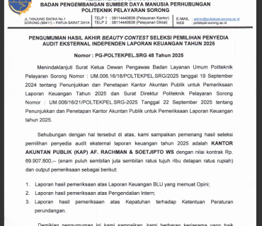 PENGUMUMAN HASIL AKHIR BEAUTY CONTEST PEMILIHAN PENYEDIA AUDIT EKSTERNAL INDEPENDEN LAPORAN KEUANGAN TAHUN 2025