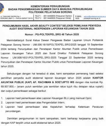 PENGUMUMAN HASIL AKHIR BEAUTY CONTEST PEMILIHAN PENYEDIA AUDIT EKSTERNAL INDEPENDEN LAPORAN KEUANGAN TAHUN 2025