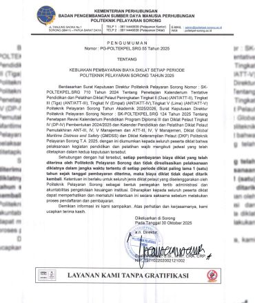 PENGUMUMAN KEBIJAKAN PEMBAYARAN DIKLAT SETIAP PERIODE POLITEKNIK PELAYARAN SORONG TAHUN 2025