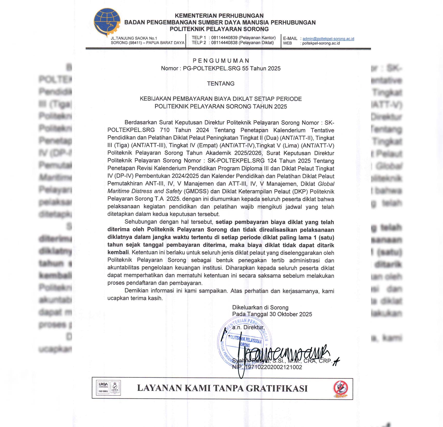 PENGUMUMAN KEBIJAKAN PEMBAYARAN DIKLAT SETIAP PERIODE POLITEKNIK PELAYARAN SORONG TAHUN 2025