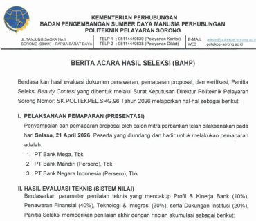 BERITA ACARA HASIL SELEKSI BEAUTY CONTEST MITRA BANK