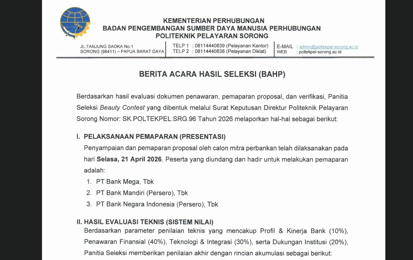 BERITA ACARA HASIL SELEKSI BEAUTY CONTEST MITRA BANK