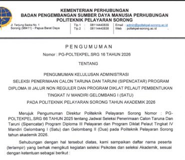 PENGUMUMAN KELULUSAN ADMINISTRASI SELEKSI PENERIMAAN CALON TARUNA DAN TARUNI MANDIRI GELOMBANG 1