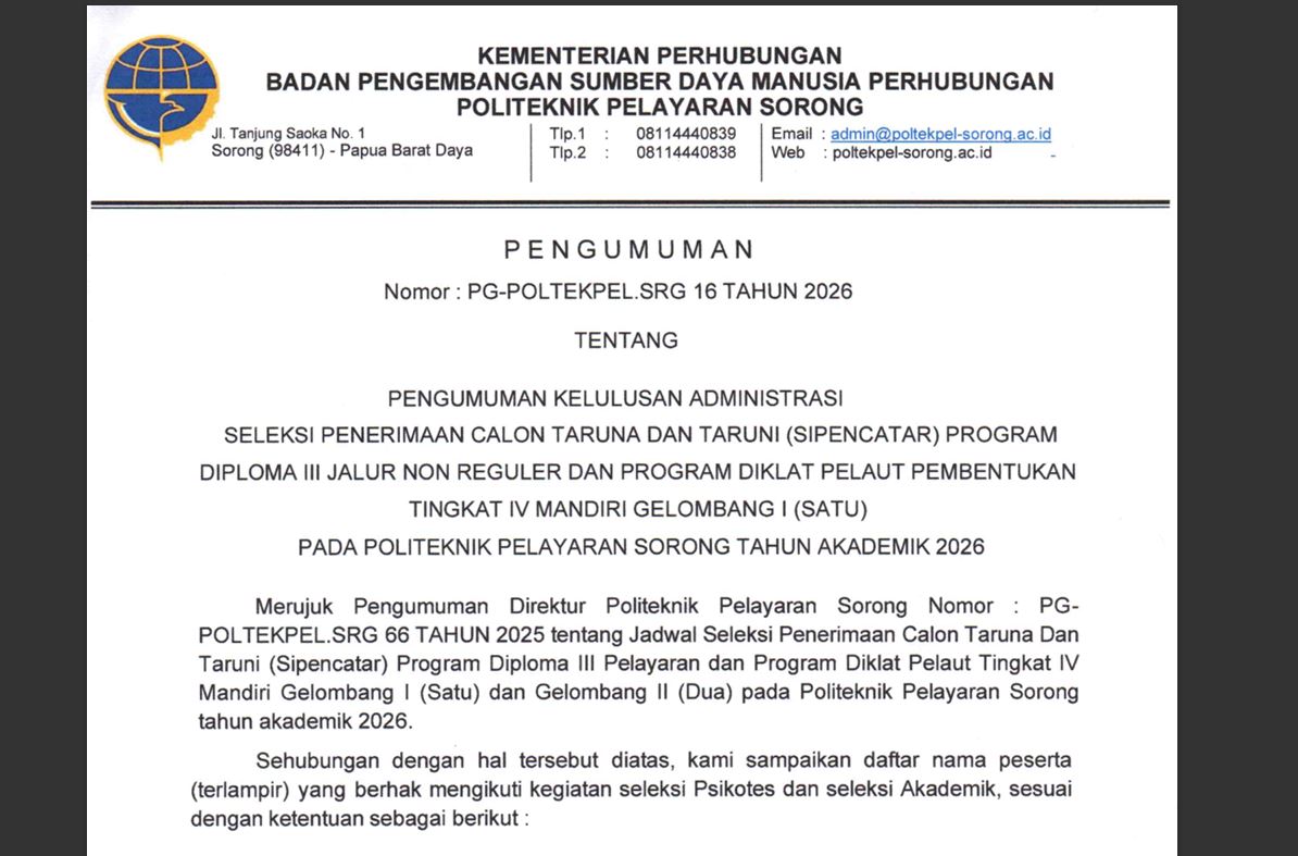 PENGUMUMAN KELULUSAN ADMINISTRASI SELEKSI PENERIMAAN CALON TARUNA DAN TARUNI MANDIRI GELOMBANG 1