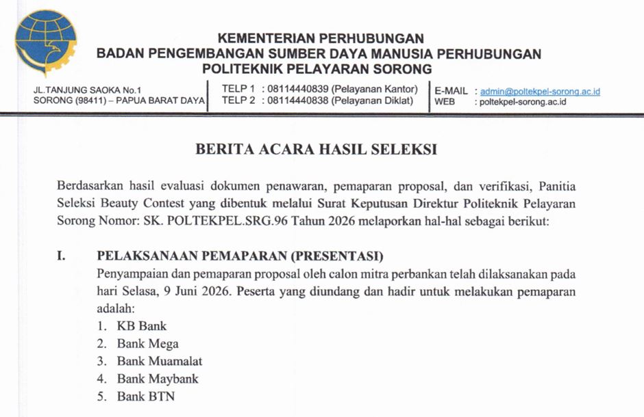 BERITA ACARA HASIL SELEKSI (BEAUTY CONTEST)
