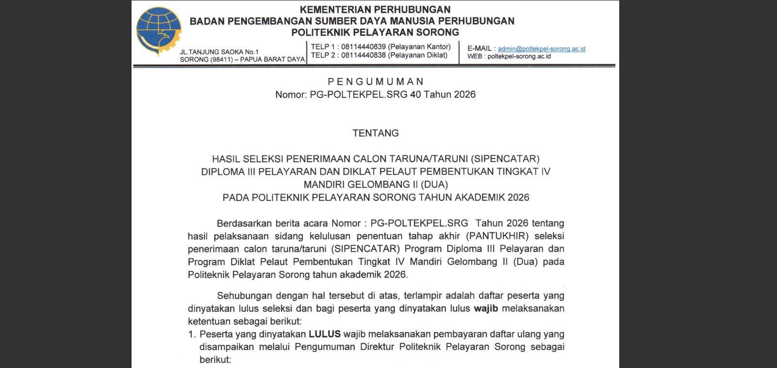 PENGUMUMAN HASIL SIPENCATAR MANDIRI GELOMBANG II TAHUN 2026