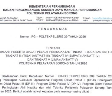 PENGUMUMAN PENERIMAAN PESERTA DIKLAT PELAUT PENINGKATAN TINGKAT II, III, IV DAN V