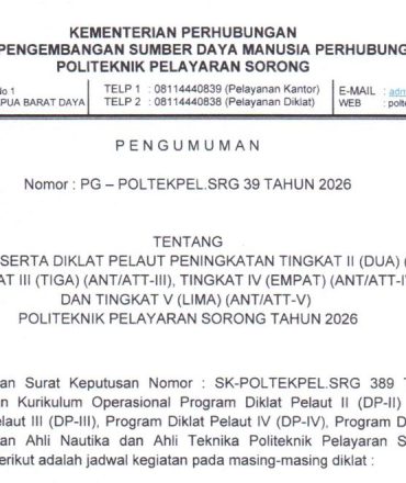 PENGUMUMAN PENERIMAAN PESERTA DIKLAT PELAUT PENINGKATAN TINGKAT II, III, IV DAN V