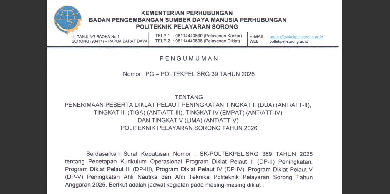 PENGUMUMAN PENERIMAAN PESERTA DIKLAT PELAUT PENINGKATAN TINGKAT II, III, IV DAN V