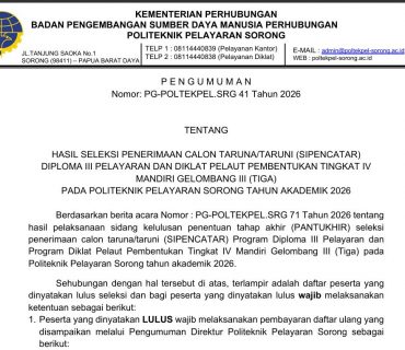 PENGUMUMAN HASIL SELEKSI SIPENCATAR DIPLOMA III DAN DP IV PEMBENTUKAN MANDIRI GELOMBANG 3