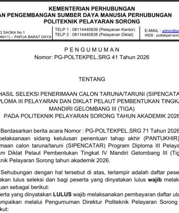 PENGUMUMAN HASIL SELEKSI SIPENCATAR DIPLOMA III DAN DP IV PEMBENTUKAN MANDIRI GELOMBANG 3