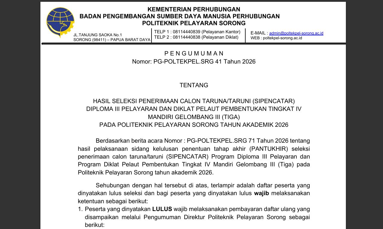 PENGUMUMAN HASIL SELEKSI SIPENCATAR DIPLOMA III DAN DP IV PEMBENTUKAN MANDIRI GELOMBANG 3