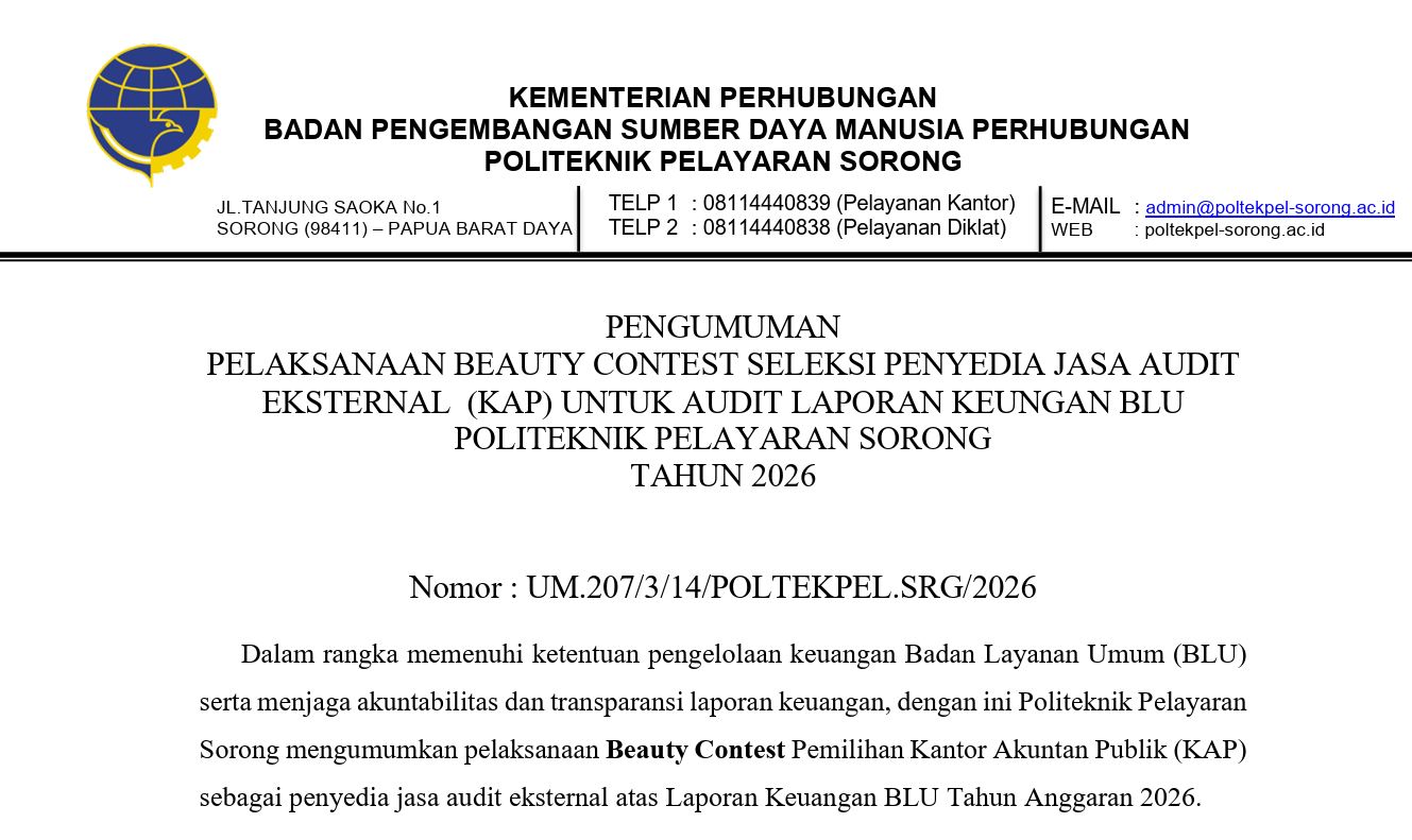 PENGUMUMAN BEAUTY CONTEST JASA AUDIT EKSTERNAL (KAP) AUDIT LAPORAN KEUANGAN BLU