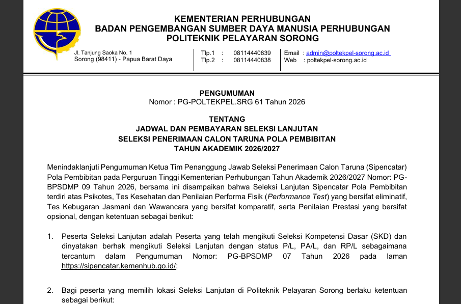 JADWAL DAN PEMBAYARAN SELEKSI LANJUTANSELEKSI PENERIMAAN CALON TARUNA POLA PEMBIBITANTAHUN AKADEMIK 2026/2027